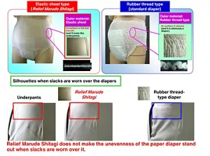 The silhouette of slacks worn over a standard underpants-shaped diaper whose outer material is of the rubber thread type is compared against the silhouette of slacks worn over Relief Marude Shitagi, whose outer material is of an elastic sheet type that does not use rubber threads. Relief Marude Shitagi does not make the unevenness of the diaper stand out when slacks are worn over it.