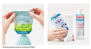 Image. Merit shampoo being refilled from a refill pack to a bottle and Bioreu refill pack being replaced into a smart holder.