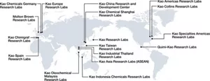 World map showing Kao’s research and development laboratories.