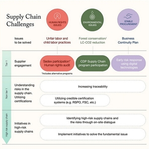 Diagram of our supply chain challenges: Summarizes Kao’s initiatives for solving human rights, environmental, and stable procurement issues for direct suppliers of raw materials (Tier 1), supply chains excluding direct suppliers (Non-Tier 1), and high-risk supply chains.