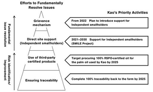 Diagram of key initiatives to tackle the nature of challenges in the palm oil supply chain: First, to identify and improve risks, Kao aims to achieve 100% traceability to smallholders and procure 100% RSPO-certified palm oil for use by Kao by 2025. Second, to address the nature of these issues, Kao is assisting independent oil palm smallholders (SMILE Project) from 2021 to 2030 and introducing a Grievance Mechanism to independent oil palm smallholders starting 2022.