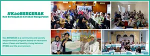 image of Kao Indonesia Representatives and local government holding a symbolic handover board of supports and image of cadres participating in the activity taking a group photo.