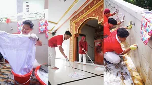 Cecep Abdullah and the mosque member are cleaning the mosque and praying equipment using Attack Jaz1.