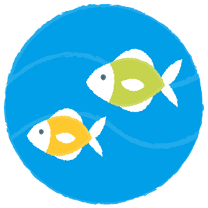 青色の背景に水の中の2匹の魚のイラスト。