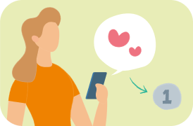 女性がスマートフォンから絵の感想を送信するイラスト。手に持っているスマートフォンから、2つの赤いハートが小さな吹き出しが出ている。吹き出しからは1円玉が出ている。