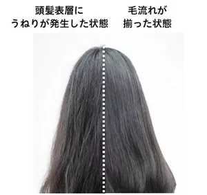 頭髪表層にうねりが発生した状態(左)と毛流れがそろった状態の(右)を比較した写真。