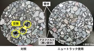 アスファルト舗装内部の断面の写真。左は、空隙が空いているが、左のニュートラックを使用したものは空隙発生が抑制されている。