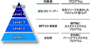 DXアドベンチャープログラムの概念図 下から Level1 全社員対象 全社員にパーソナライズされたプログラム Level2、3 部門DX推進者対象 部門ごとにカスタマイズされたプログラム Level4、5 社外リソースもいかしたプロジェクト型OJT