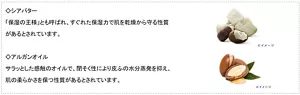 シアバター:「保湿の王様」とも呼ばれ、すぐれた保湿力で肌を乾燥から守る性質があるとされています。 アルガンオイル:サラッとした感触のオイルで、閉そく性により皮ふの水分蒸発を抑え、肌の柔らかさを保つ性質があるとされています。