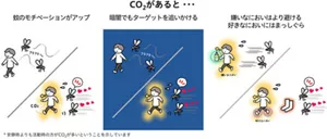 CO₂があることによって蚊の行動が変わる様子を示したイラスト