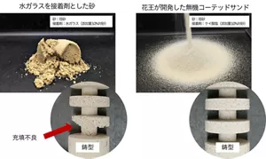 左は水ガラスを接着剤として使用した砂で、鋳型への充填時に充填不良が発生しやすい。右は花王が開発した無機コーテッドサンド