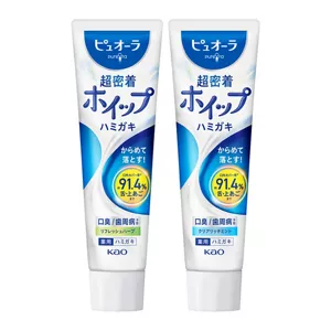 ピュオーラ 超密着ホイップハミガキの商品画像 左から、リフレッシュハーブの香味、クリアリッチミントの香味