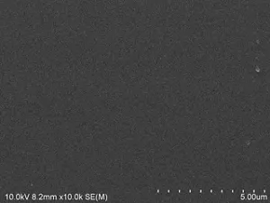 研磨直後の基板に対して僅か数十秒間プレ洗浄剤ですすいだ表面を電子顕微鏡で観察した画像。シリカ砥粒が大幅に除去されている。