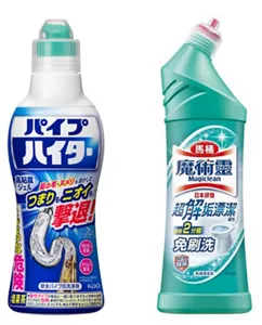 形状が異なる日本のトイレ掃除用洗剤(左)と台湾のトイレ掃除用洗剤(右)
