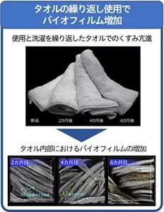 洗濯しながら繰り返し使用することで、タオル中のバイオフィルムが増加することを検証した写真です。 新品、2か月間、4カ月間、半年間使用した後の4つのタオルで比較評価しており、見た目のくすみ具合は使用期間と共に亢進していて、顕微鏡観察でタオルの繊維の間にあるバイオフィルムも増えていることが分かる。