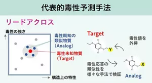 代表的な毒性予測手法であるリードアクロスを説明した図です。 毒性が未知の物質に対して、化学構造が類似する物質の毒性情報が既知であれば、既知の毒性値を外挿することで動物実験を実施しなくとも毒性を類推します。