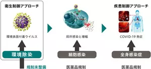 以下の内容を図示。環境表面に付着したウイルスが、非感染者に局所感染を起こし増幅する細胞感染を経て、全身感染症、すなわちCOVID-19発症となる。局所感染を起こす前の段階において、環境表目に付着したウイルスに対する環境除染は、衛生制御アプローチとなる。細胞感染以降の段階においては医薬品の規制があるのに対し、環境除染の段階は規制が未整備である。