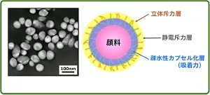 新規に開発した顔料分散体の電子顕微鏡写真からは、顔料がポリマーに被覆されカプセル化している様子がわかる。 イメージ図では、顔料側から、吸着力を持つ疎水性カプセル化層、静電斥力層、立体斥力層で構成されていることが示されている。