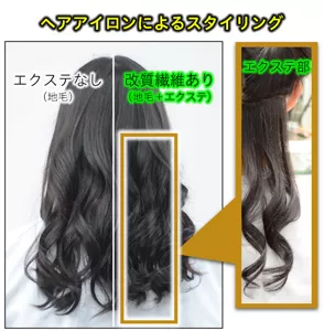 改質繊維をヘアエクステンションとして実際に人頭に装着。ヘアアイロンでカール形状をつけてみると、人毛と同様にきれいなカール形状が付与された。