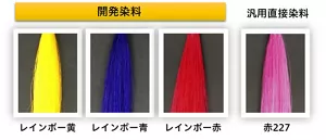 レインボー染料と汎用直接染料による染毛性比較。レインボー染料は汎用直接染料と比べて鮮やかな発色を示している。
