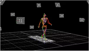 動作解析によってヒトの骨格点を線で結んだモデル画像が歩く姿勢を示す写真