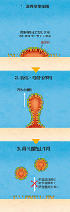界面活性剤は、まず界面張力を下げて汚れを落ちやすくし、汚れの外側を覆って引き剝がし、そして剥がれた汚れを取り囲んで汚れ戻りを防ぐ。