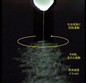 小型デバイスから噴出された繊維は、しばらく直進したのち、ある所から急に乱れてうねり出す。