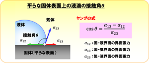 平らな面における界面張力と接触角の関係を示すヤングの式。接触角θが大きくなるほど、水滴は球形に近づき、固体表面からはじかれる。θが小さくなるほど水滴は潰れて、固体表面をぬらす。