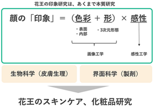 花王では「色彩」「形」「感性」という3つの視点から顔の印象に関する包括的な研究を進めている。