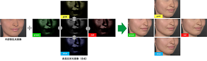 4色の反射光モデルの組み合わせを肌内部からの散乱稿画像に重ね合わせることで、どのような「見え」になるかをバーチャルにシミュレートできる。