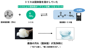 トリスは角栓の中で『汚れ』である固体あぶらに結合して、『液状の洗浄成分』に変えていた
