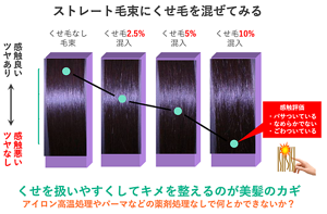 くせ毛が多く混じった毛は見ても触ってもパサついて感じられる。だからくせを扱いやすくしてキメを整えるのが美髪のカギ。
