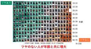 10歳~70歳の日本人女性230人を対象に行われた、頭髪外観の調査。顕著な傾向として捉えられたのは、加齢に伴う「ツヤ」の低下だった。