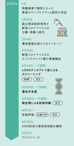 2020年 2月4日 澤田社長からのメッセージ 3月16日~ VHH抗体開発(3週間)、性能評価 4月15日 VHH抗体の感染抑制能を確認 5月7日 プレスリリース