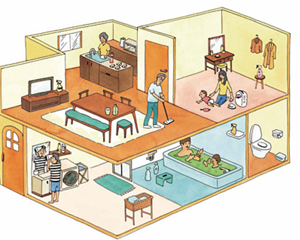 生活の中で使われる花王製品のイメージイラスト