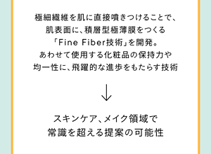 極細繊維を肌に直接噴きつけることで、肌表面に、積層型極薄膜をつくる「Fine Fiber技術」を開発。あわせて使用する化粧品の保持力や均一性に、飛躍的な進歩をもたらす技術 → スキンケア、メイク領域で常識を超える提案の可能性