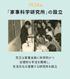 1934年 「家事科学研究所」の設立 花王は家事全般に科学的かつ合理的な手法を開発し、生活文化を提案する研究所を設立