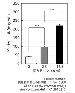 図1 茶カテキンの濃度による脂肪分解量の違いを、グリセロール量を指標にして示した棒グラフ。茶カテキンを2.3又は11.5マイクロモーラー添加すると、細胞内グリセロール量が有意に増加している。