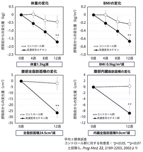 図1 高濃度茶カテキンを長期摂取した時の体脂肪低減効果を示した折れ線グラフ。高濃度茶カテキンを12週間摂取することにより、コントロール群と比較して、体重が1.3kg減少し、BMIが0.5減少し、腹部全脂肪面積が24.5平方センチメートル減少し、腹部内臓脂肪面積が9.0平方センチメートル減少した。