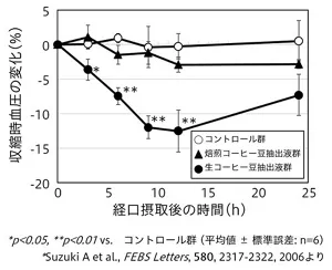 図1 ラットの血圧に対するクロロゲン酸の単回摂取効果を示す折れ線グラフ。生コーヒー豆抽出液群では収縮期血圧の低下効果が観察された。一方で、同等のクロロゲン酸を含む焙煎コーヒー豆抽出液群では血圧低下効果はほとんど認められなかった。