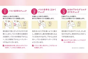 片腕を上に挙げた状態で、挙げた手側のバストを確認します。 ステップ1、バスト全体をチェック ステップ2、バスト全体をこまかくチェック ステップ3、わきの下からデコルテまでをチェック