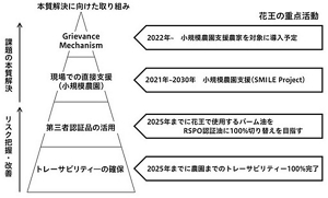 パーム油サプライチェーンの課題の本質解決に向けた重点活動の図:先ずリスク把握・改善に向けて2025年までに農園までのトレーサビリティ100%完了および花王で使用するパーム油をRSPO認証油に100%切り替えを目指す。次に課題の本質解決に向けて、2021年から2030年に小規模農園支援(SMILE Project)を実施し、2022年から小規模農園支援農家を対象にGrievance Mechanismを導入予定。