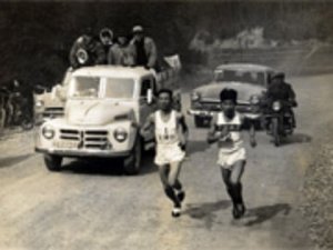 写真:他の選手と競りながら走っている様子