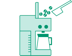 ステップ1の操作図。コーヒー豆を上部の容器から注ぐ。