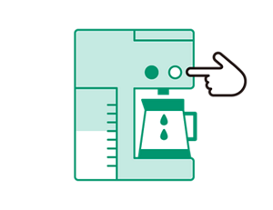 ステップ3の操作図。マシン正面のコーヒー抽出口の上の右側にある開始ボタンを押す。