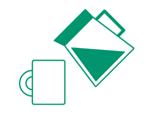 ステップ4の操作図。できたてのコーヒーをカップに注ぐ。