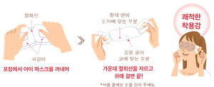 포장에서 아이 마스크를 꺼내어 > 가운데 절취선을 자르고 귀에 걸면 끝! *사용 중에는 눈을 감아 주세요. 쾌적한 착용감
