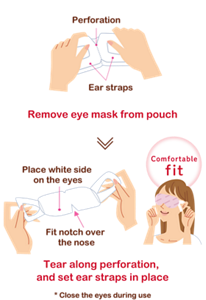 Perforation Ear straps Remove eye mask from pouch. Place white side  on the eyes Fit notch over  the nose Tear along perforation, and set ear straps in place. * Close the eyes during use