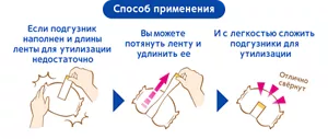 Способ применения Если подгузник наполнен и длины ленты для утилизации недостаточно/Вы можете потянуть ленту и удлинить ее/И с легкостью сложить подгузники для утилизации