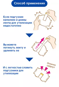 Способ применения Если подгузник наполнен и длины ленты для утилизации недостаточно/Вы можете потянуть ленту и удлинить ее/И с легкостью сложить подгузники для утилизации